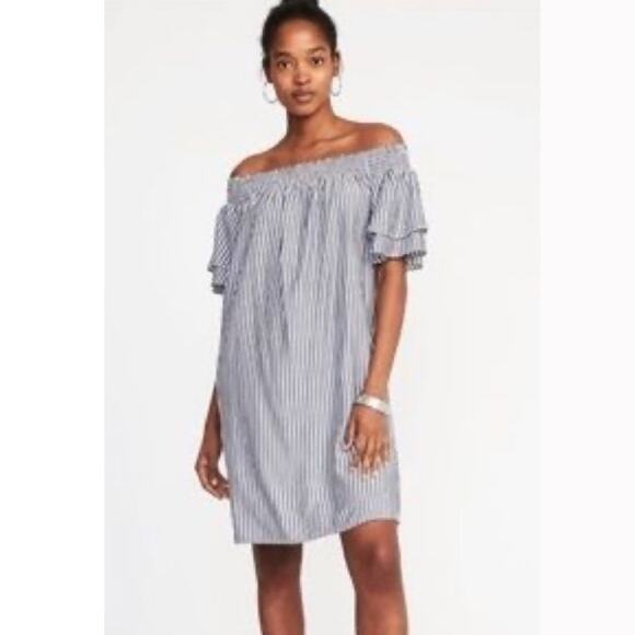 Old Navy Grey White Stripe Smocked Off Shoulder Dress - Picture 1 of 5